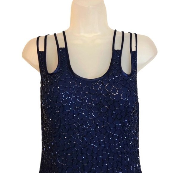 *rare* Scala Vintage Silk Sequin Formal Maxi Gown Dress Blue Spaghetti Sz Large - Picture 12 of 12